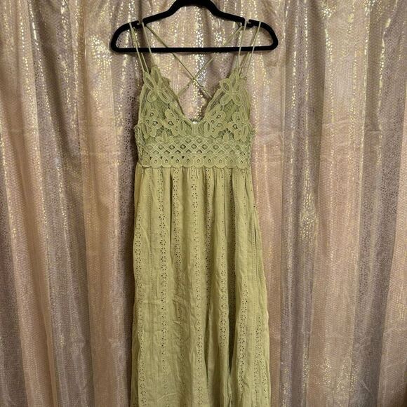 Mahina Hawaii Olive Green Crochet Top Boho Eyelet Maxi Dress Medium - Picture 1 of 9